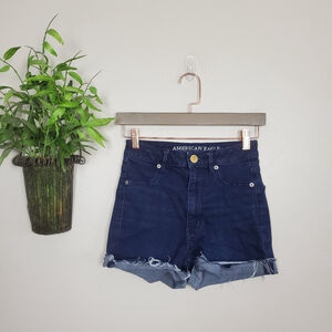 AE 2 Super Stretch Hi Rise Jean Dark Wash Cut Off Rolled Shorts American Eagle